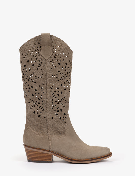 Suede western style boot with lace cutwork through the shaft from Penelope Chilvers