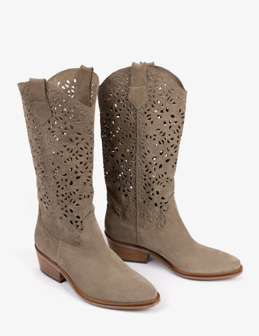 Pair of beige cowboy boots with perforated design on a white background from Penelope Chilvers