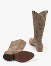 Pair of brown suede cowboy boots with cut-out design on a white background from Penelope Chilvers