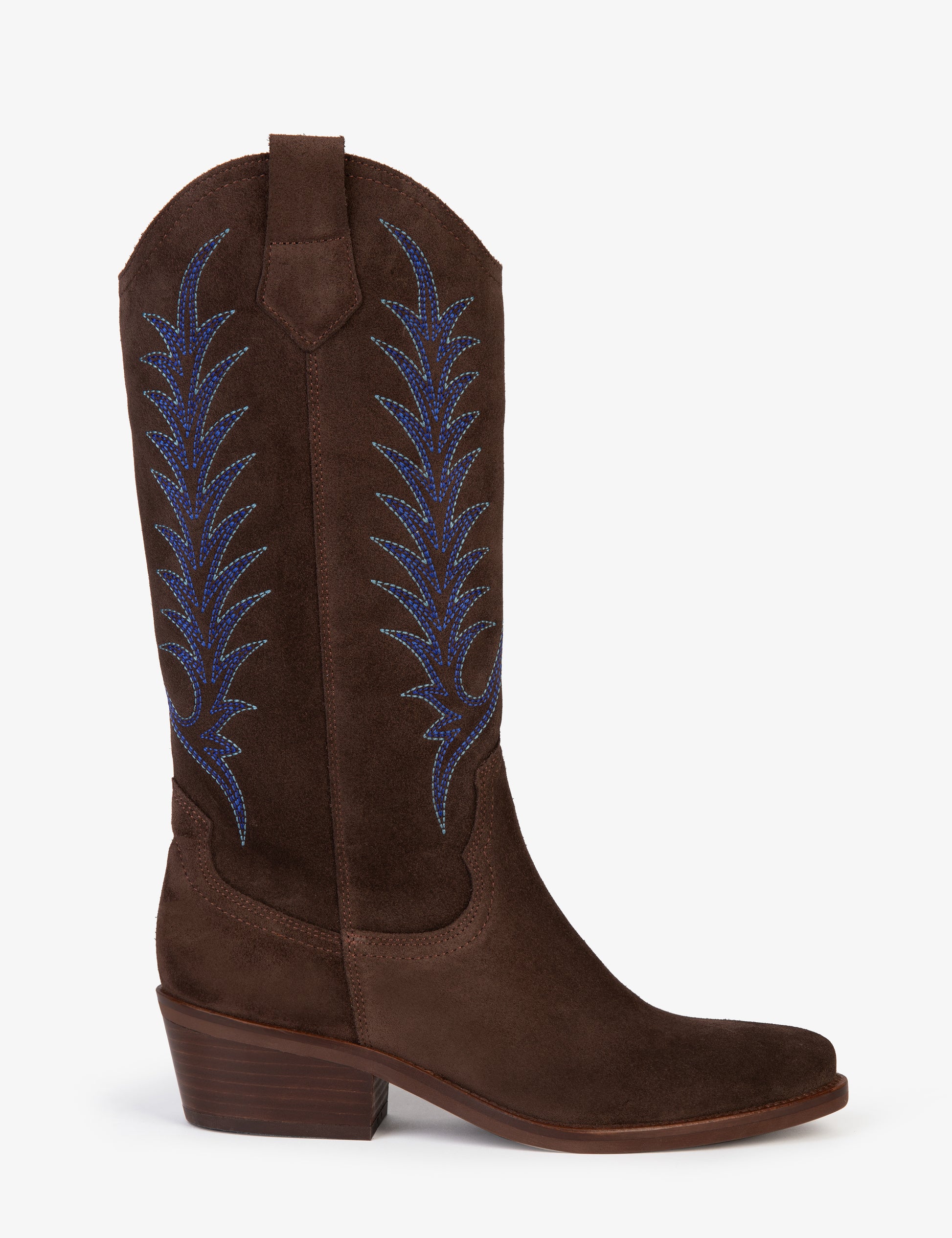 Brown cowboy boot with blue embroidery on white background