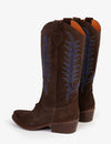 Two Brown cowboy boots with blue embroidery on white background