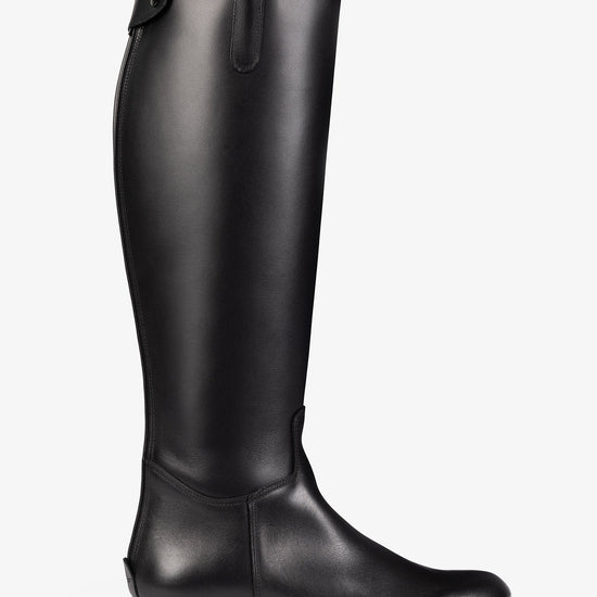 A single black leather knee-high riding boot shown in profile against a clean white background.