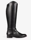 A single black leather knee-high riding boot shown in profile against a clean white background.