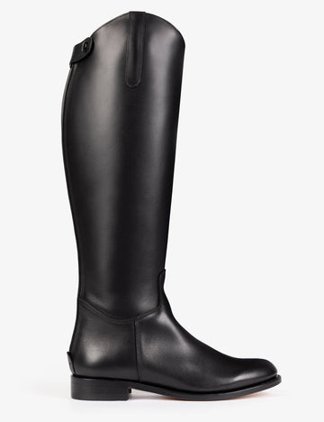 A single black leather knee-high riding boot shown in profile against a clean white background.