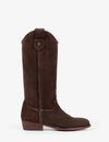side view of chocolate brown suede cowboy boot with small star detail at the top and a small heel
