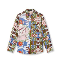 Classic collared oyster silk shirt with long sleeves and placed horse print