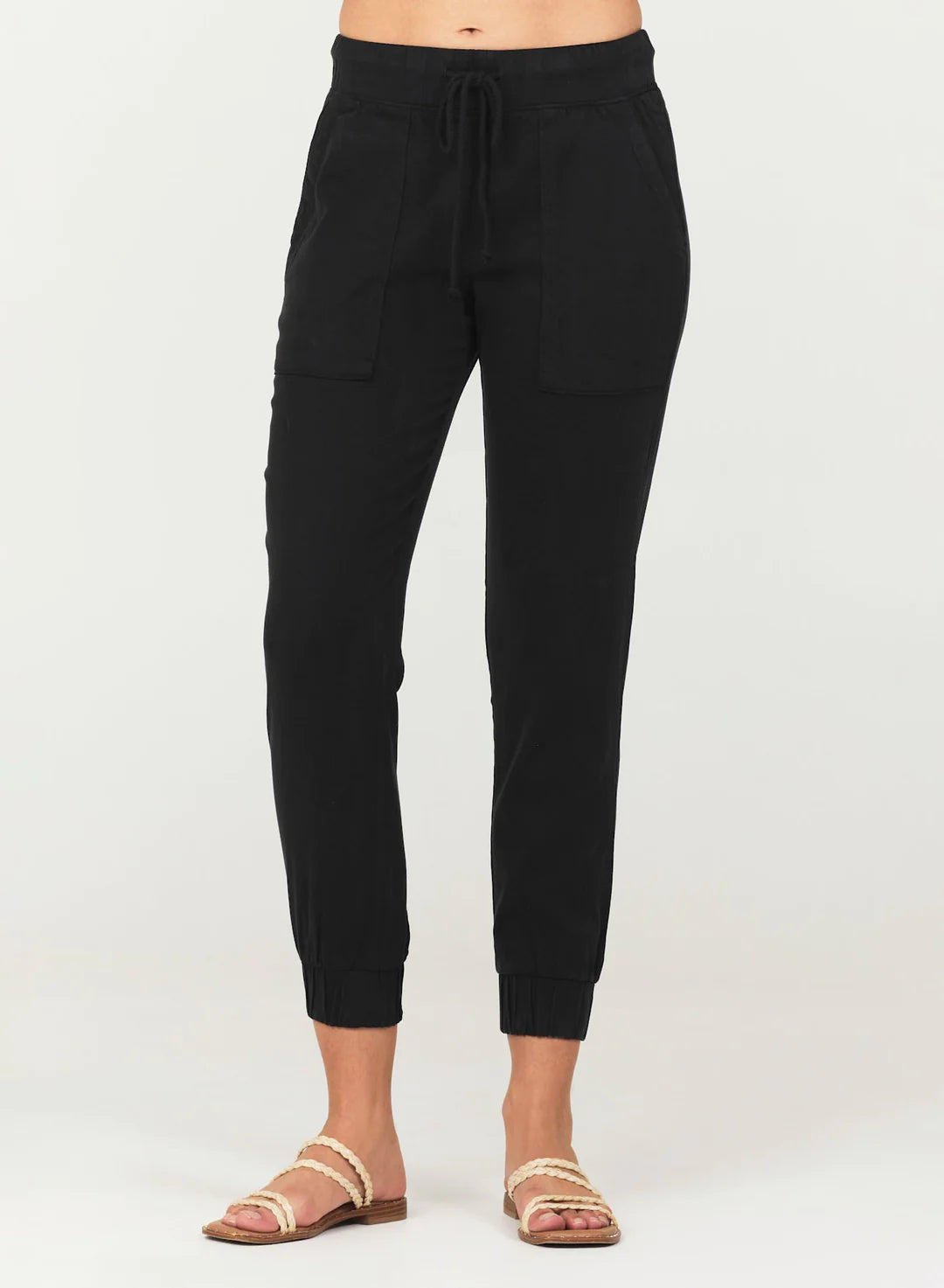 Black jogger trousers with four pockets and elasticated cuffs