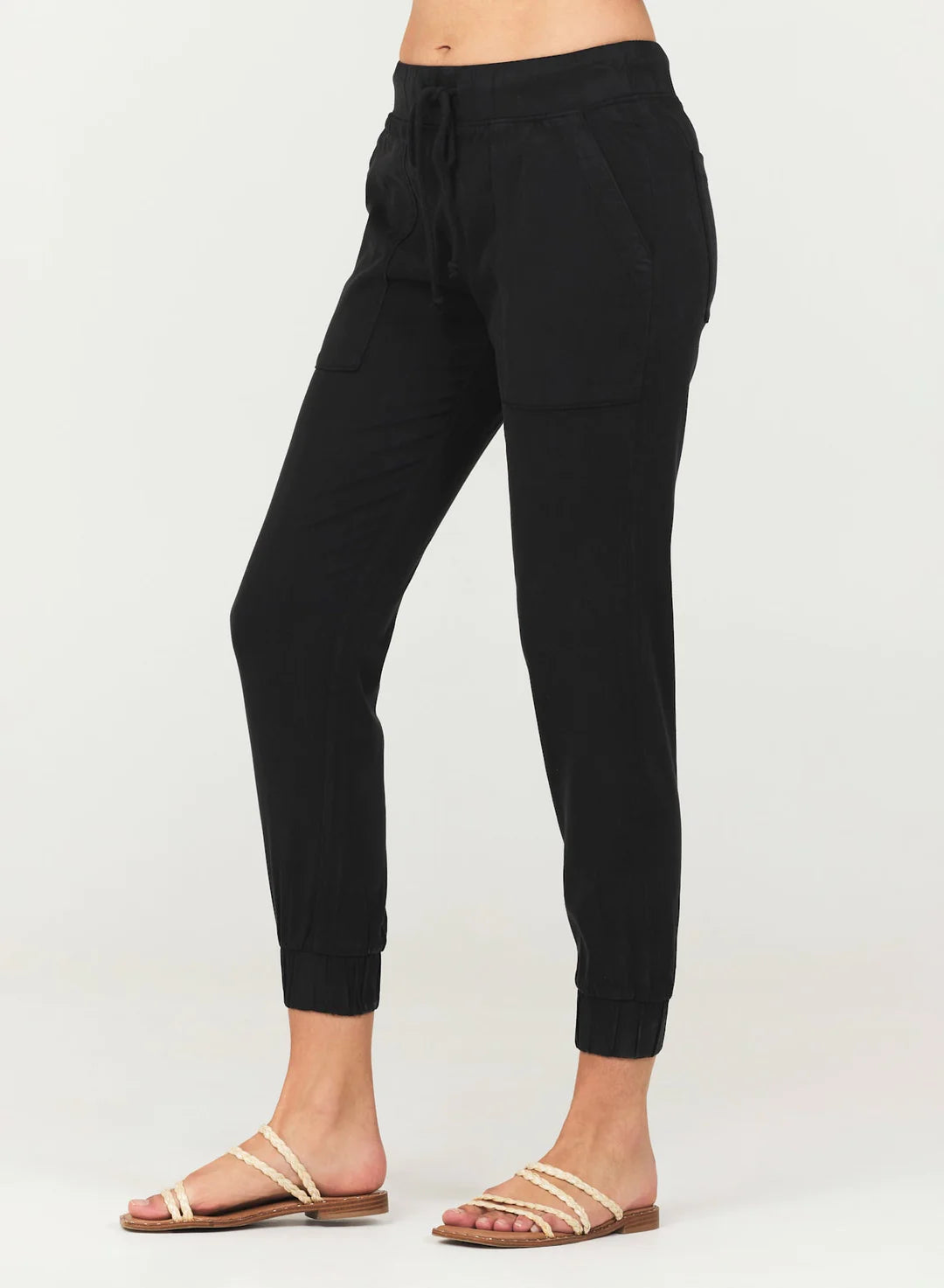 Black jogger trousers with four pockets and elasticated cuffs