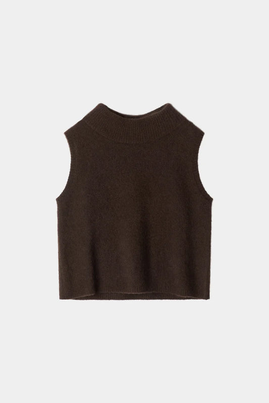A dark brown sleeveless knit top with a mock neck, shown flat against a light gray background.
