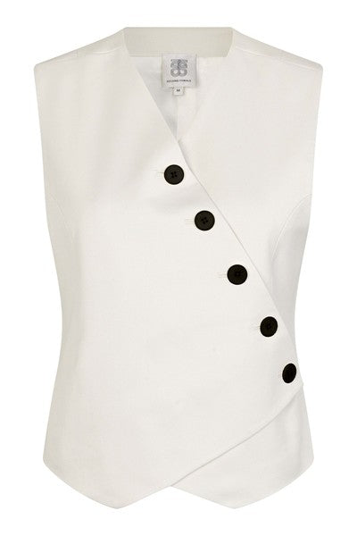 Asymmetric waistcoat in ecru with diagonal black buttons 