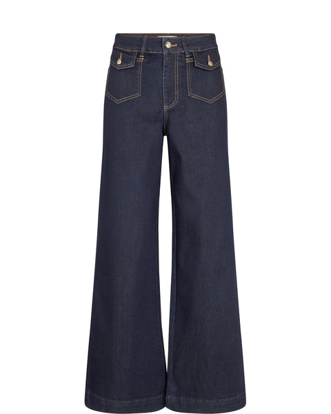 Wide leg jeans with front patch pockets and contrast stitching in dark navy wash