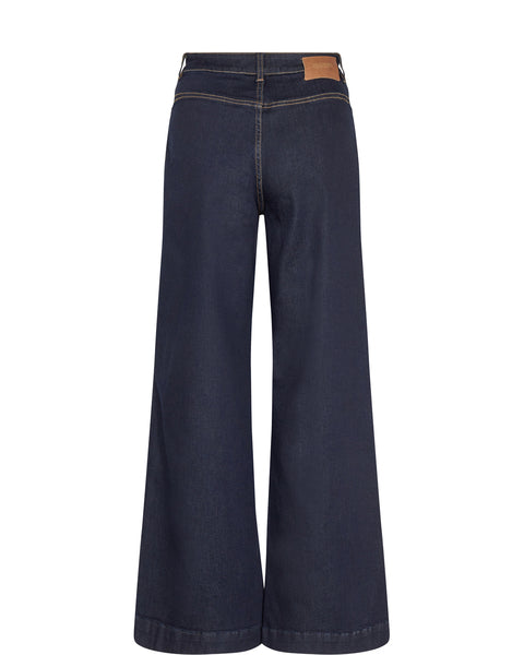 Wide leg jeans with front patch pockets and contrast stitching in dark navy wash