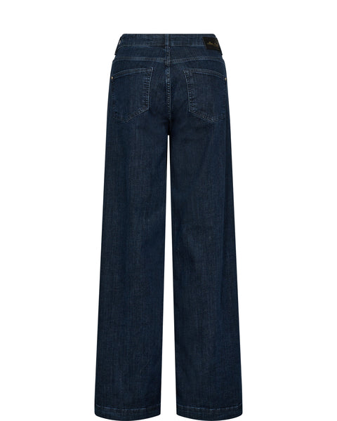 Dark wash wide leg jeans with zip fly and button fastening in classic five pocket design