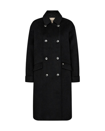 black wool double breasted coat with slanted flap pockets, turn up cuffs and classic collar 