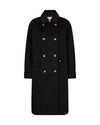 black wool double breasted coat with slanted flap pockets, turn up cuffs and classic collar 