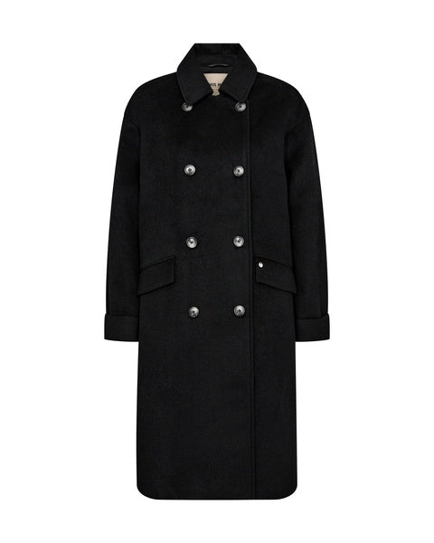 black wool double breasted coat with slanted flap pockets, turn up cuffs and classic collar 