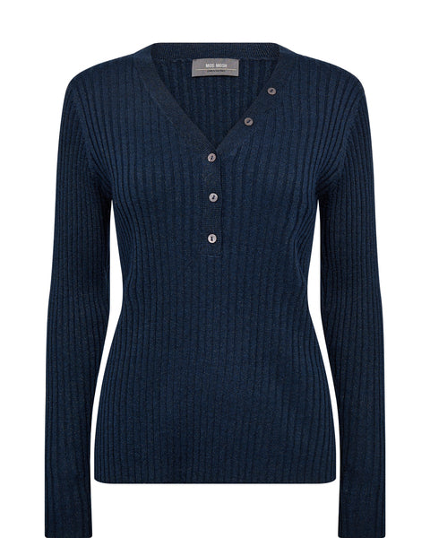 Shimmery navy ribbed lightweight knit with V neck and button details