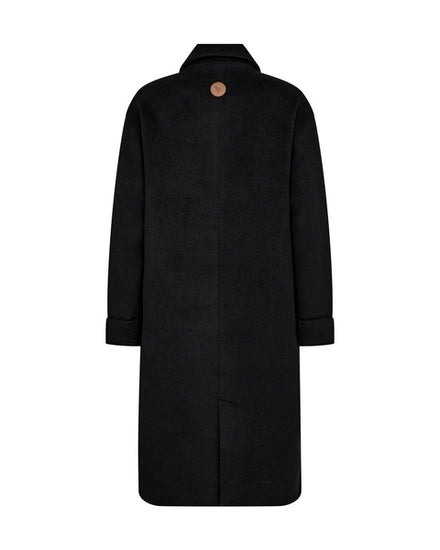 black wool double breasted coat with slanted flap pockets, turn up cuffs and classic collar  rear view 