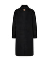 black wool double breasted coat with slanted flap pockets, turn up cuffs and classic collar  rear view 