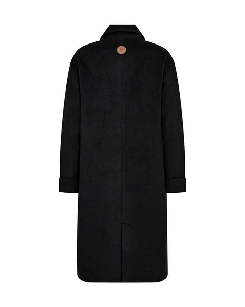 black wool double breasted coat with slanted flap pockets, turn up cuffs and classic collar  rear view 