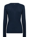 Shimmery navy ribbed lightweight knit with V neck and button details