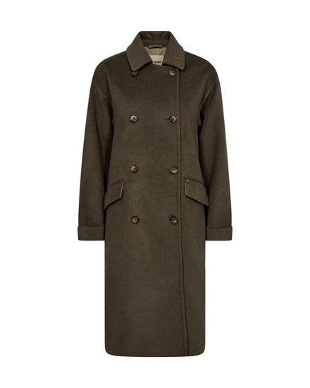 double breasted dark green wool coat with slanted flap pockets and classic collar 