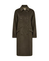 double breasted dark green wool coat with slanted flap pockets and classic collar 