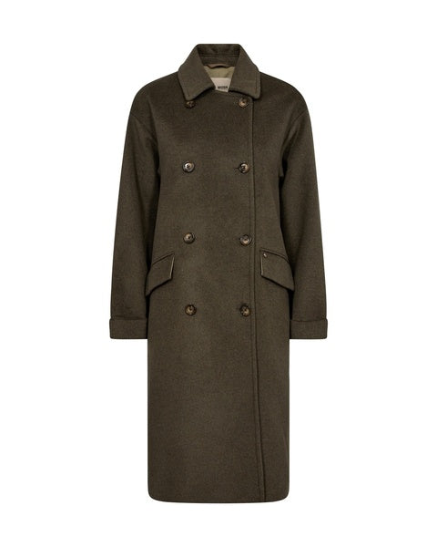 double breasted dark green wool coat with slanted flap pockets and classic collar 