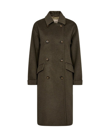 double breasted dark green wool coat with slanted flap pockets and classic collar 