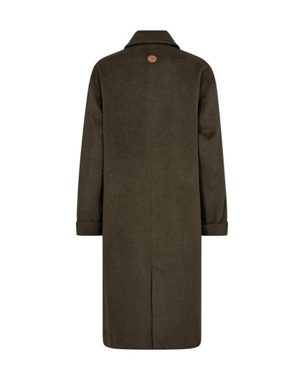 double breasted dark green wool coat with slanted flap pockets and classic collar  rear view 