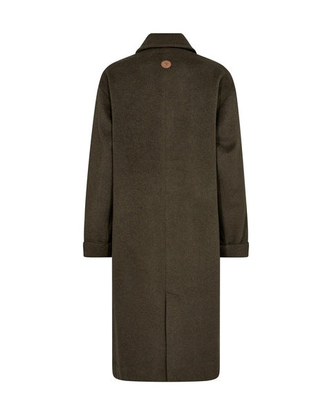 double breasted dark green wool coat with slanted flap pockets and classic collar  rear view 