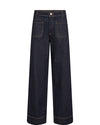 Dark blue wash wide leg jeans with two front welt pockets and patch pock shaped contrast stitching with rear welt pockets