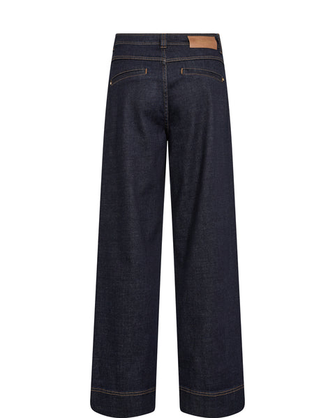 Dark blue wash wide leg jeans with two front welt pockets and patch pock shaped contrast stitching with rear welt pockets