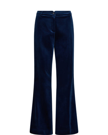 Straight to wide leg navy velvet trousers 