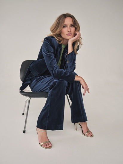 Straight to wide leg navy velvet trousers