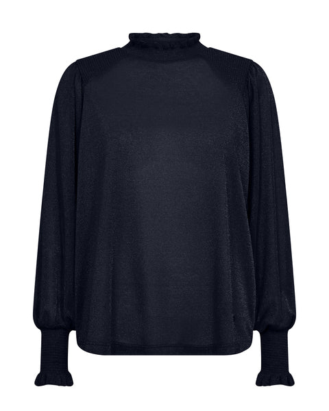 High ruffle neck navy top with long raglan sleeves and textured shoulder with balloon sleeves ruched and ruffle cuffs