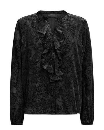 Velvet embossed V neck shirt with ruffle placket black