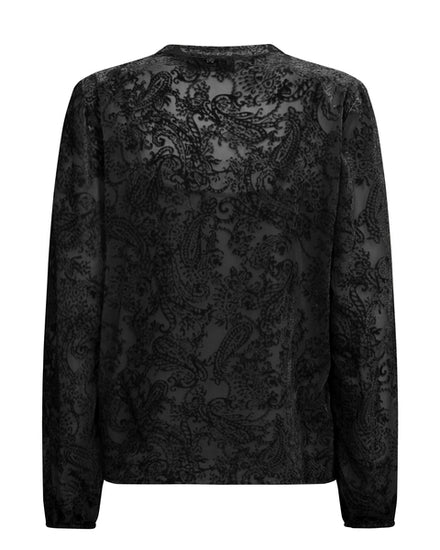 Velvet embossed V neck shirt with ruffle placket black