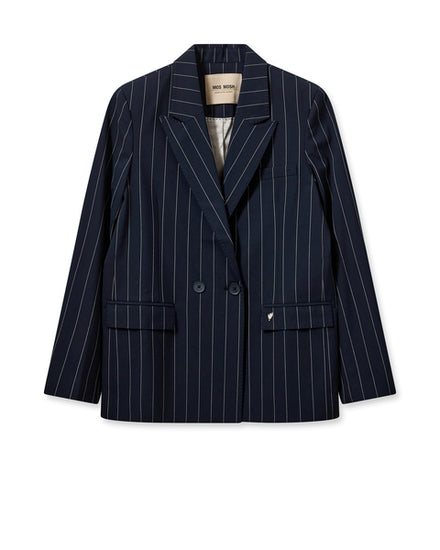 Navy pinstripe double breasted jacket with peak lapel front flap pockets