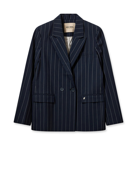 Navy pinstripe double breasted jacket with peak lapel front flap pockets