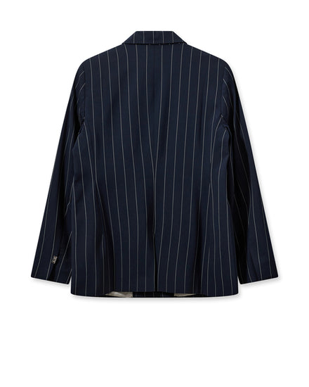 Navy pinstripe double breasted jacket with peak lapel front flap pockets