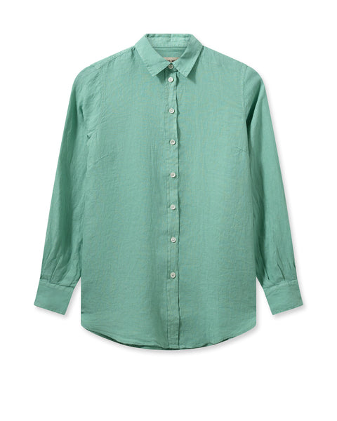 Green linen shirt with classic collar and full length placket with white plastic button fastening and long sleeves with single button cuff