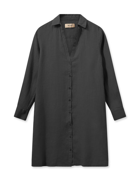 V neck knee length linen shirt dress with long sleeves and curved dropped hem