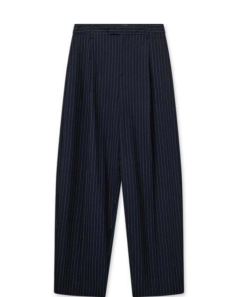 Tapered leg navy and white pinstripe tailored trousers with front pleats and side pockets