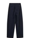 Tapered leg navy and white pinstripe tailored trousers with front pleats and side pockets