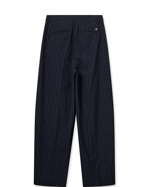 Tapered leg navy and white pinstripe tailored trousers with front pleats and side pockets