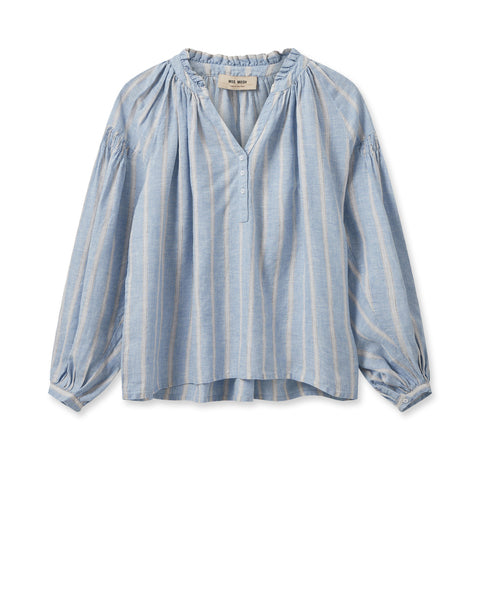 Vertical striped light blue and cream pull on linen shirt with gathered collar v neckline and long gathered sleeves with straight hem and notch neck
