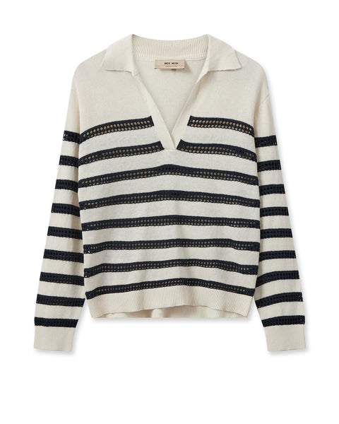 Breton long sleeved knitted jumper with notch neckline and eyelet stitch detail