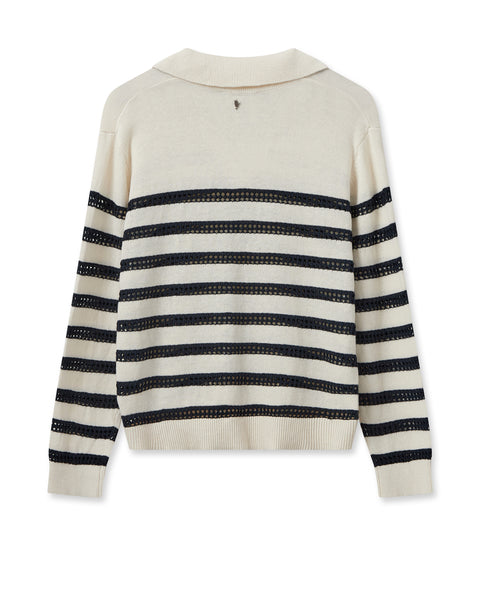 Breton long sleeved knitted jumper with notch neckline and eyelet stitch detail
