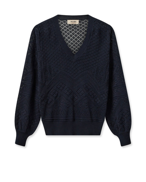 Semi sheer cotton knitted V neck navy jumper